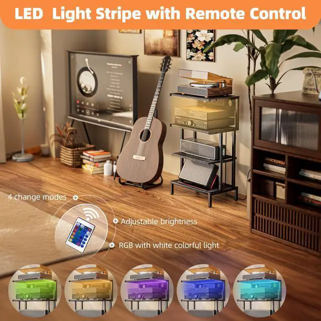 Alt view image 4 of 7 - Game Console Shelf, 4-Tier Video Gaming Consoles Stand with Outlet & RGB Light, Small Media Entertainment Center for Audio Stereo Storage Organizer Playroom Furniture, Stereo Stands and Racks