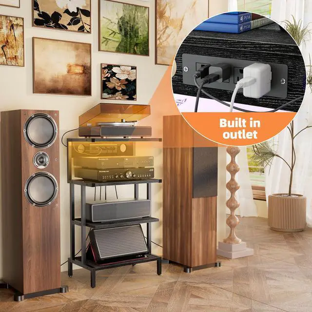 Alt view image 5 of 7 - Game Console Shelf, 4-Tier Video Gaming Consoles Stand with Outlet & RGB Light, Small Media Entertainment Center for Audio Stereo Storage Organizer Playroom Furniture, Stereo Stands and Racks