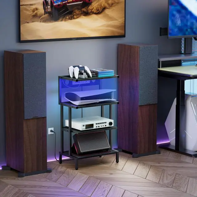 Alt view image 7 of 7 - Game Console Shelf, 4-Tier Video Gaming Consoles Stand with Outlet & RGB Light, Small Media Entertainment Center for Audio Stereo Storage Organizer Playroom Furniture, Stereo Stands and Racks