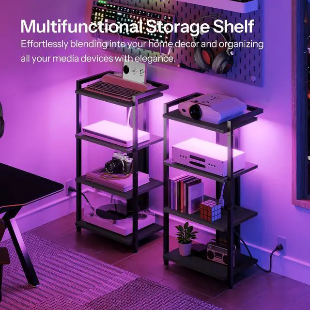 Alt view image 2 of 7 - Game Console Shelf, 4-Tier Video Gaming Consoles Stand with Outlet & RGB Light, Audio Rack Tower for Turntable, Stereo Equipment, Wooden Entertainment Storage Stand, Black BB38UDCJ01
