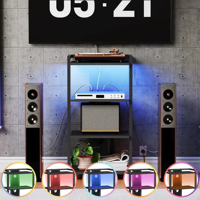 Alt view image 5 of 7 - Game Console Shelf, 4-Tier Video Gaming Consoles Stand with Outlet & RGB Light, Audio Rack Tower for Turntable, Stereo Equipment, Wooden Entertainment Storage Stand, Black BB38UDCJ01