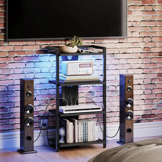 Alt view image 6 of 7 - Game Console Shelf, 4-Tier Video Gaming Consoles Stand with Outlet & RGB Light, Audio Rack Tower for Turntable, Stereo Equipment, Wooden Entertainment Storage Stand, Black BB38UDCJ01