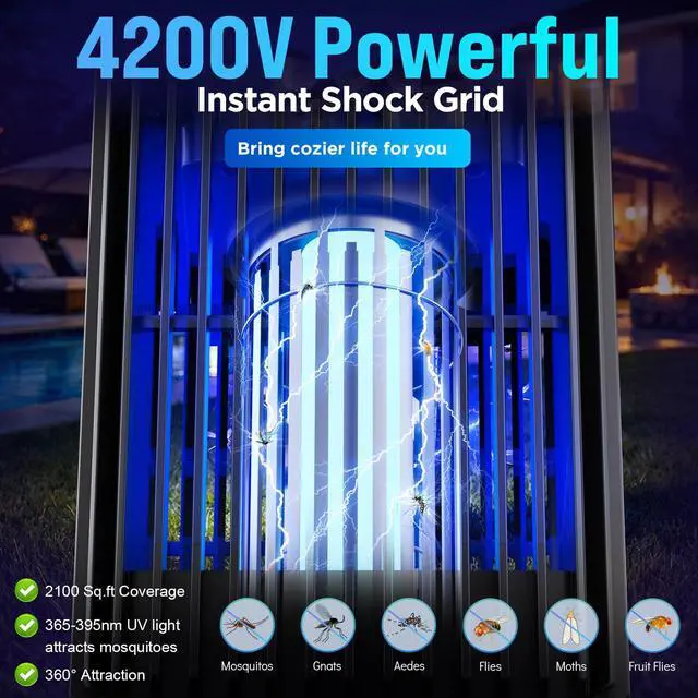 Alt view image 2 of 7 - Outdoor Solar Bug Zapper-4200V Cordless Electric Mosquito Zapper with Waterproof Design & Smart Sensor-5000mAh Rechargeable Fly Zapper with Night Light-Mosquito Repellent for Patio, Backyard, Camping