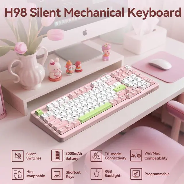 Alt view image 2 of 7 - H98 Silent Wireless Bluetooth Mechanical Keyboard, BT5.3/Type-C/2.4G Hot Swappable Gaming Keyboards with RGB Backlit, 8000mAh Battery, Numpad, Pink Creamy Keyboard for Mac/Win/Office, 98 Keys