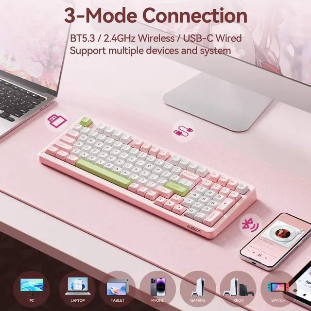 Alt view image 5 of 7 - H98 Silent Wireless Bluetooth Mechanical Keyboard, BT5.3/Type-C/2.4G Hot Swappable Gaming Keyboards with RGB Backlit, 8000mAh Battery, Numpad, Pink Creamy Keyboard for Mac/Win/Office, 98 Keys