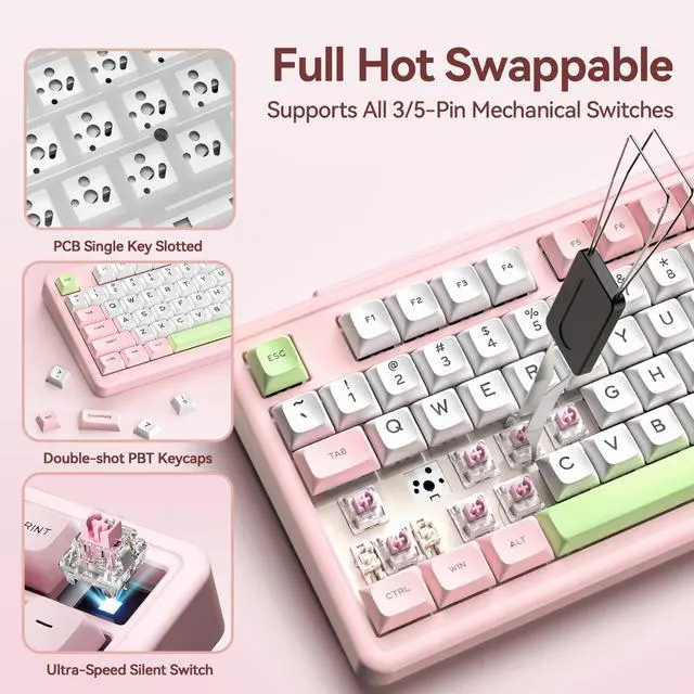 Alt view image 6 of 7 - H98 Silent Wireless Bluetooth Mechanical Keyboard, BT5.3/Type-C/2.4G Hot Swappable Gaming Keyboards with RGB Backlit, 8000mAh Battery, Numpad, Pink Creamy Keyboard for Mac/Win/Office, 98 Keys