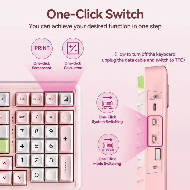 Alt view image 7 of 7 - H98 Silent Wireless Bluetooth Mechanical Keyboard, BT5.3/Type-C/2.4G Hot Swappable Gaming Keyboards with RGB Backlit, 8000mAh Battery, Numpad, Pink Creamy Keyboard for Mac/Win/Office, 98 Keys