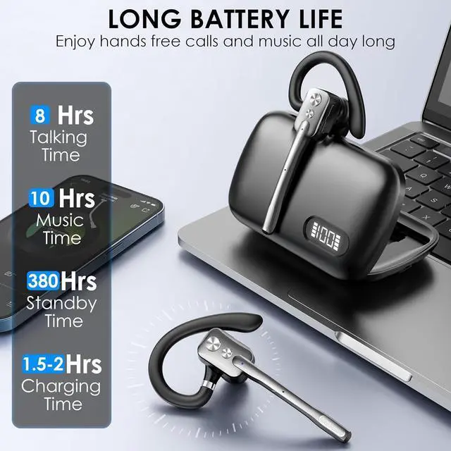 Alt view image 3 of 6 - Bluetooth Headset V5.3, Wireless Headset with Dual Noise-Canceling Microphones, Portable Charging Case, 300H Standby Time, Hands Free Headphones for PC Cell Phones, Trucker Office Work (Silver)