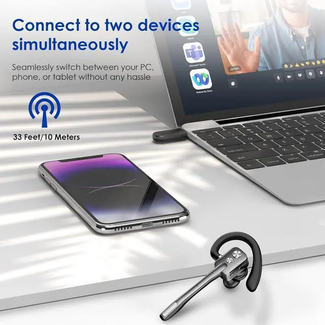 Alt view image 4 of 6 - Bluetooth Headset V5.3, Wireless Headset with Dual Noise-Canceling Microphones, Portable Charging Case, 300H Standby Time, Hands Free Headphones for PC Cell Phones, Trucker Office Work (Silver)