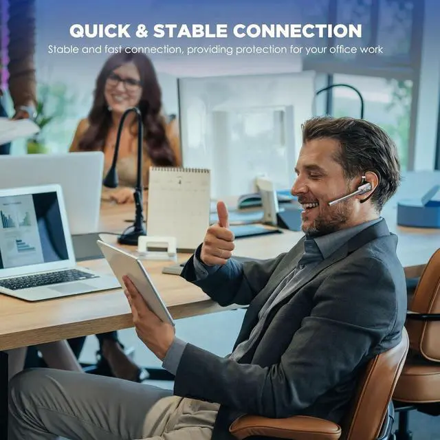 Alt view image 5 of 6 - Bluetooth Headset V5.3, Wireless Headset with Dual Noise-Canceling Microphones, Portable Charging Case, 300H Standby Time, Hands Free Headphones for PC Cell Phones, Trucker Office Work (Silver)