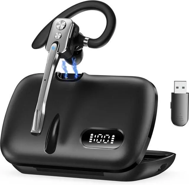 Main image of Bluetooth Headset V5.3, Wireless Headset with Dual Noise-Canceling Microphones, Portable Charging Case, 300H Standby Time, Hands Free Headphones for PC Cell Phones, Trucker Office Work (Silver)