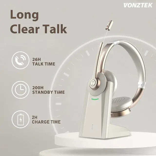 Alt view image 4 of 7 - Wireless Headset, Bluetooth Headset with Microphone AI Noise Canceling & USB Dongle, On-Ear Wireless Headphones with Mic Mute & Charge Dock for Work Computer Phone Office Call Meeting