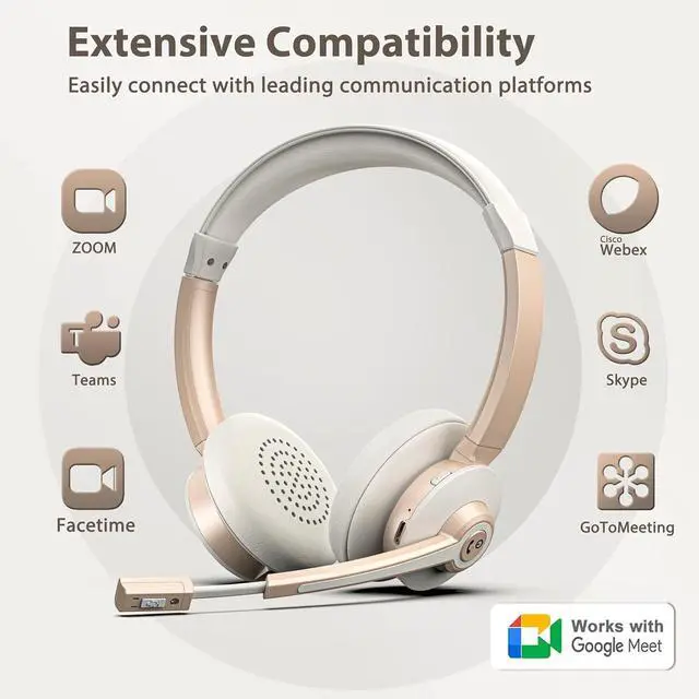 Alt view image 7 of 7 - Wireless Headset, Bluetooth Headset with Microphone AI Noise Canceling & USB Dongle, On-Ear Wireless Headphones with Mic Mute & Charge Dock for Work Computer Phone Office Call Meeting