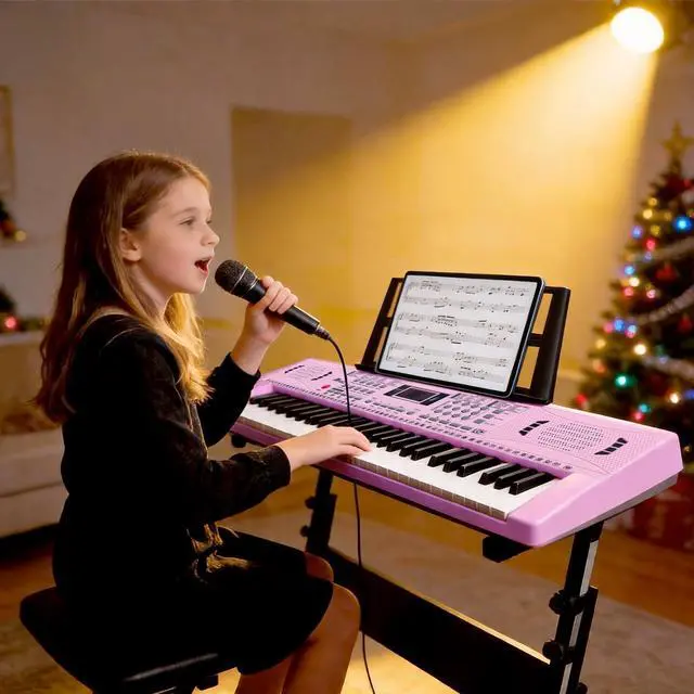 Alt view image 2 of 7 - 61 Key Keyboard Piano, Digital Kids Piano Keyboard with Stand, Gift for Early Education Children, Pink