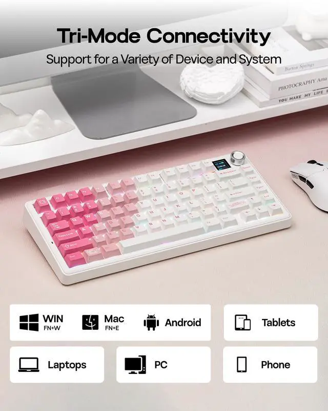 Alt view image 4 of 7 - X Aula F75 MAX Wireless Mechanical Keyboard with TFT Screen and Knob, Gasket Keyboard in 75% Layout, Hot Swappable Gaming Keyboard for PC/Mac/Linux (White Pink)