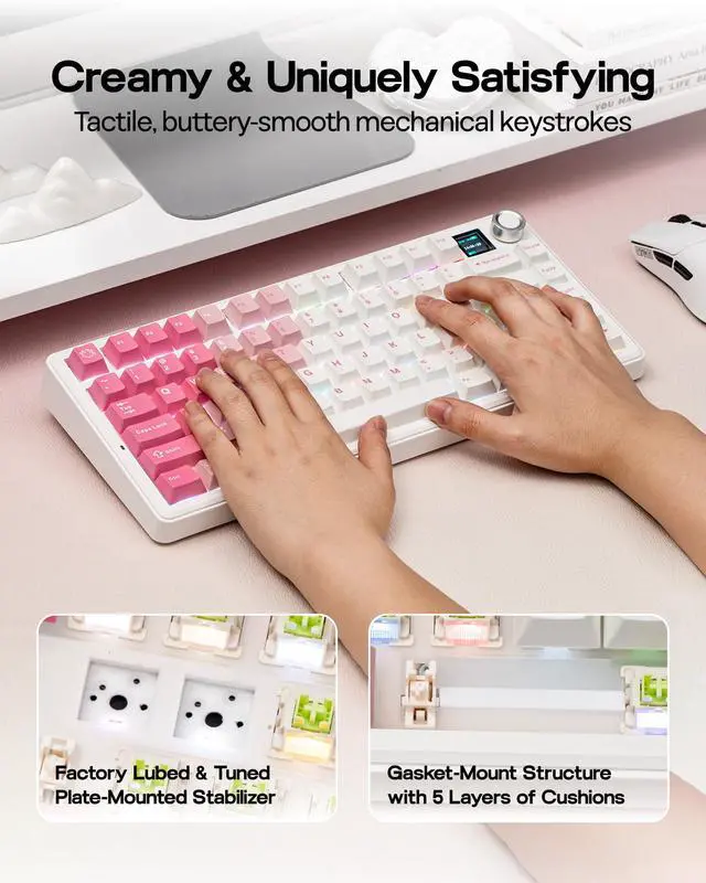 Alt view image 6 of 7 - X Aula F75 MAX Wireless Mechanical Keyboard with TFT Screen and Knob, Gasket Keyboard in 75% Layout, Hot Swappable Gaming Keyboard for PC/Mac/Linux (White Pink)