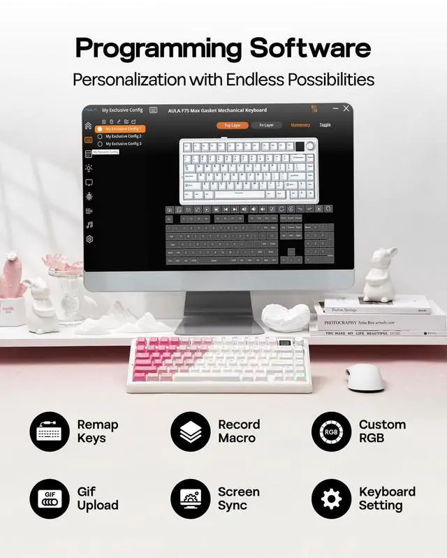 Alt view image 7 of 7 - X Aula F75 MAX Wireless Mechanical Keyboard with TFT Screen and Knob, Gasket Keyboard in 75% Layout, Hot Swappable Gaming Keyboard for PC/Mac/Linux (White Pink)