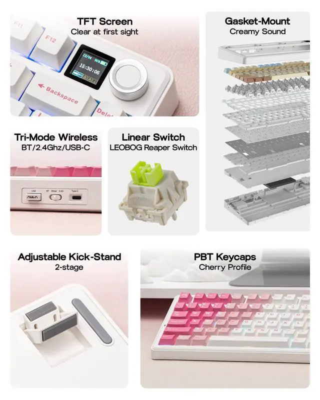 Alt view image 2 of 7 - X Aula F75 MAX Wireless Mechanical Keyboard with TFT Screen and Knob, Gasket Keyboard in 75% Layout, Hot Swappable Gaming Keyboard for PC/Mac/Linux (White Pink)