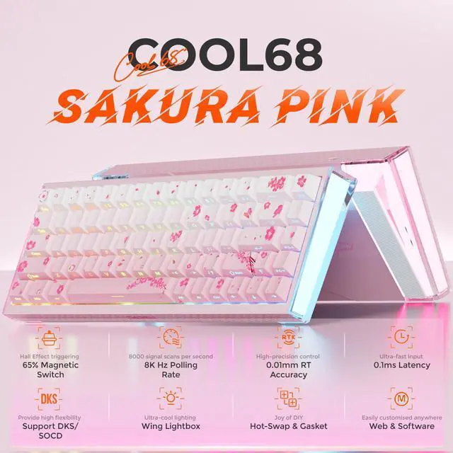 Alt view image 2 of 7 - COOL68 65% Pink Hall Effect Magnetic Switch Gaming Keyboard with 8000Hz Polling Rate,Rapid Trigger,Adjustable Actuation,0.1ms Latency,SOCD,Gasket Mount,PBT keaycaps,Hot swappable,RGB Light