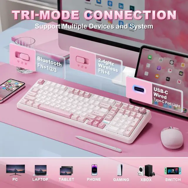 Alt view image 3 of 7 - B98 PRO QMK/VIA Wireless Mechanical Gaming Keyboard,96% Layout with Numpad and Cute Cat Knob, BT/2.4G/USB-C,Linear Switch Hot Swap Gasket,RGB for Win/Mac (Pink, Milk V2 Linear Switch)