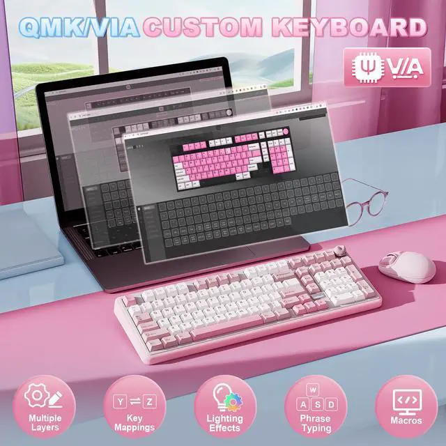 Alt view image 4 of 7 - B98 PRO QMK/VIA Wireless Mechanical Gaming Keyboard,96% Layout with Numpad and Cute Cat Knob, BT/2.4G/USB-C,Linear Switch Hot Swap Gasket,RGB for Win/Mac (Pink, Milk V2 Linear Switch)