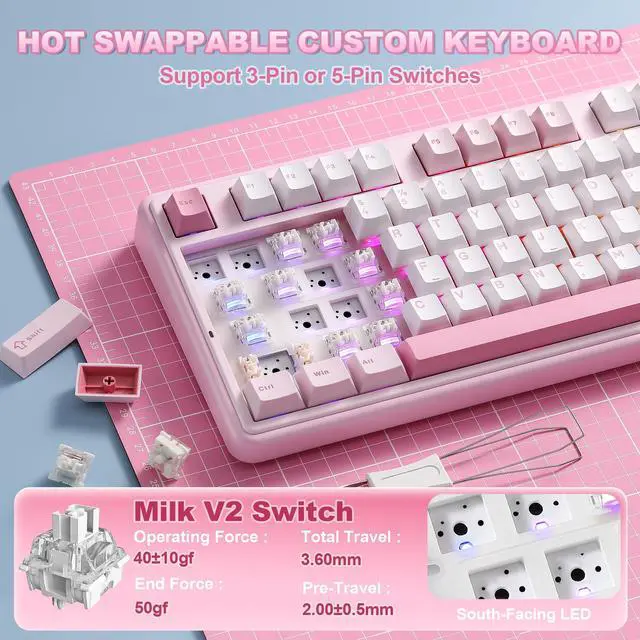Alt view image 6 of 7 - B98 PRO QMK/VIA Wireless Mechanical Gaming Keyboard,96% Layout with Numpad and Cute Cat Knob, BT/2.4G/USB-C,Linear Switch Hot Swap Gasket,RGB for Win/Mac (Pink, Milk V2 Linear Switch)