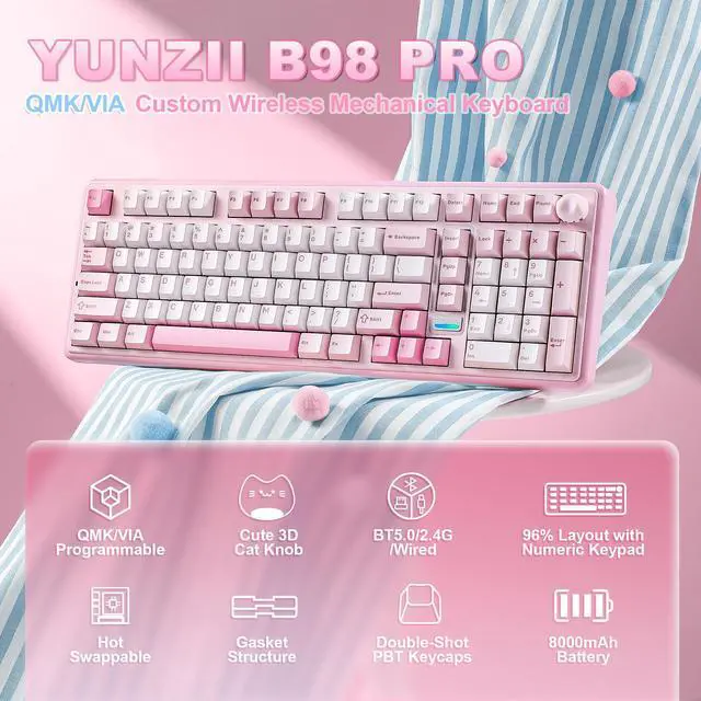 Alt view image 2 of 7 - B98 PRO QMK/VIA Wireless Mechanical Gaming Keyboard,96% Layout with Numpad and Cute Cat Knob, BT/2.4G/USB-C,Linear Switch Hot Swap Gasket,RGB for Win/Mac (Pink, Milk V2 Linear Switch)