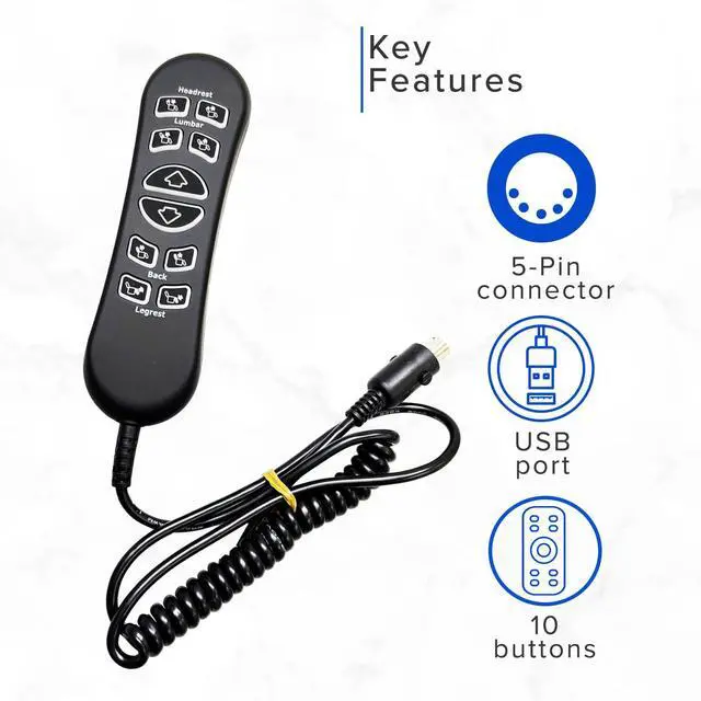 Alt view image 5 of 7 - 10-Button 5-Pin Replacement Remote Hand Control for Mega Motion Power Recliner with Lift (MM3702) - (CTL1804039) for MegaMotion Power Chairs with MM3702 Dual Motor Assembly