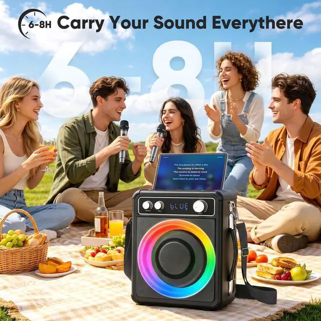 Alt view image 3 of 7 - Karaoke Machine with 2 Wireless Microphones, Portable Bluetooth Speaker for Adults Kids, PA Systems Support TWS Echo Adjust TF USB AUX for Home Party Outdoor Travel