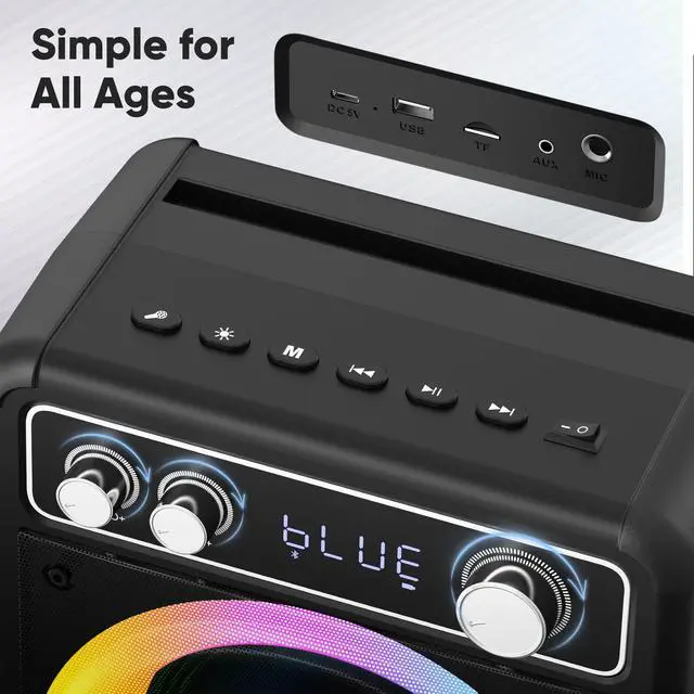 Alt view image 7 of 7 - Karaoke Machine with 2 Wireless Microphones, Portable Bluetooth Speaker for Adults Kids, PA Systems Support TWS Echo Adjust TF USB AUX for Home Party Outdoor Travel
