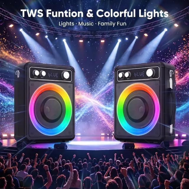 Alt view image 4 of 7 - Karaoke Machine with 2 Wireless Microphones, Portable Bluetooth Speaker for Adults Kids, PA Systems Support TWS Echo Adjust TF USB AUX for Home Party Outdoor Travel