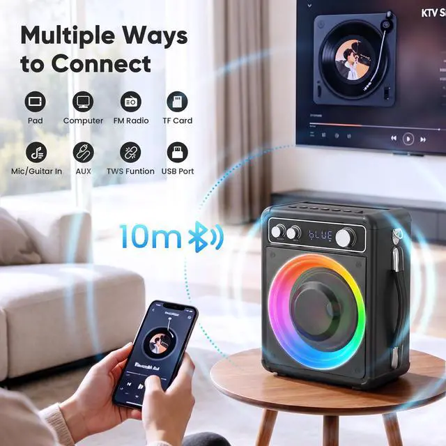 Alt view image 6 of 7 - Karaoke Machine with 2 Wireless Microphones, Portable Bluetooth Speaker for Adults Kids, PA Systems Support TWS Echo Adjust TF USB AUX for Home Party Outdoor Travel