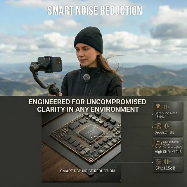Alt view image 3 of 7 - Mini Microphone for iPhone & Android, Furry Windscreen, Noise Cancelling Wireless Lavalier Microphone,Clip On Lapel Mini Mic Pro for Content Creators Vlogging/YouTube/Tiktok/Streaming/Interview