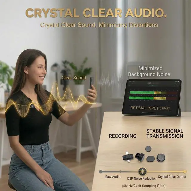 Alt view image 2 of 7 - Mini Microphone for iPhone & Android, Furry Windscreen, Noise Cancelling Wireless Lavalier Microphone,Clip On Lapel Mini Mic Pro for Content Creators Vlogging/YouTube/Tiktok/Streaming/Interview