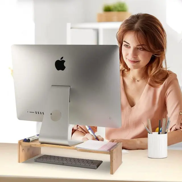 Alt view image 5 of 7 - Solid Wood Monitor Stand Riser, Monitor Riser with 2 Adjustable Height, 15.8 inch Computer Riser for Computer, iMac, PC, Printer, Computer Monitor Stand for Home & Office, Natural
