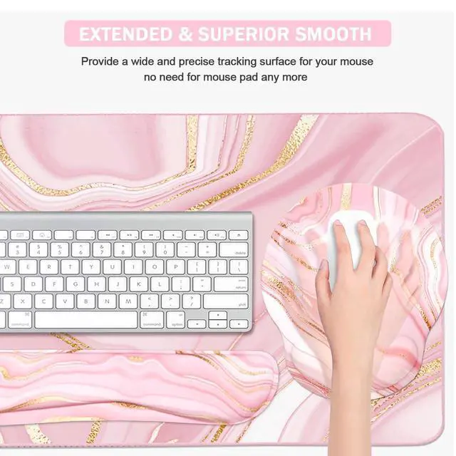 Alt view image 4 of 7 - 4-in-1 Gaming Mouse Pad Wrist Support SetDesk Pad + Mouse Pad with Wrist Rest + Keyboard Wrist Rest + Coaster, Ergonomic Design for Home Office Study Game - Pink Fluid