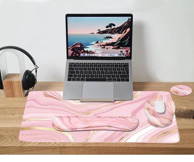 Alt view image 6 of 7 - 4-in-1 Gaming Mouse Pad Wrist Support SetDesk Pad + Mouse Pad with Wrist Rest + Keyboard Wrist Rest + Coaster, Ergonomic Design for Home Office Study Game - Pink Fluid