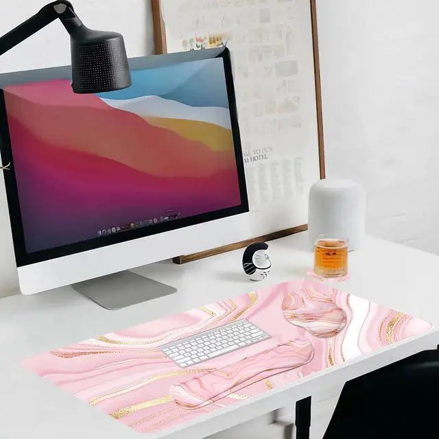 Alt view image 7 of 7 - 4-in-1 Gaming Mouse Pad Wrist Support SetDesk Pad + Mouse Pad with Wrist Rest + Keyboard Wrist Rest + Coaster, Ergonomic Design for Home Office Study Game - Pink Fluid