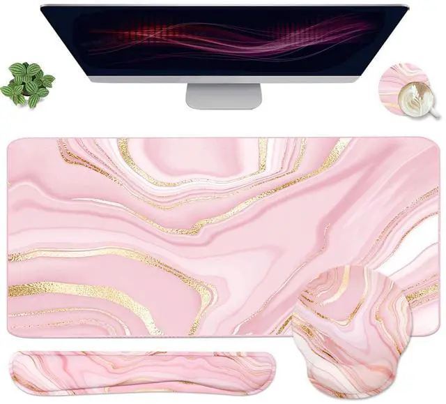 Main image of 4-in-1 Gaming Mouse Pad Wrist Support SetDesk Pad + Mouse Pad with Wrist Rest + Keyboard Wrist Rest + Coaster, Ergonomic Design for Home Office Study Game - Pink Fluid