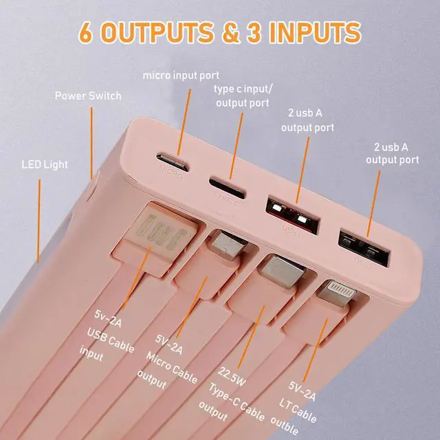 Alt view image 3 of 7 - Portable Charger with Built in Cables,10000mAh Power Bank with LED Lamp Fast Charging 3.0 USB C External Battery Pack Phone Charger with LED Display for iPhone, Samsung and Cell Phones (Pink)