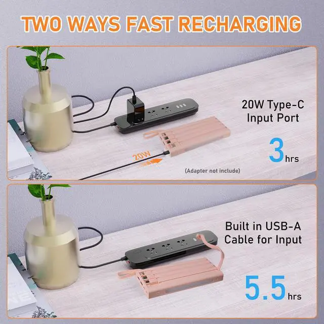 Alt view image 4 of 7 - Portable Charger with Built in Cables,10000mAh Power Bank with LED Lamp Fast Charging 3.0 USB C External Battery Pack Phone Charger with LED Display for iPhone, Samsung and Cell Phones (Pink)