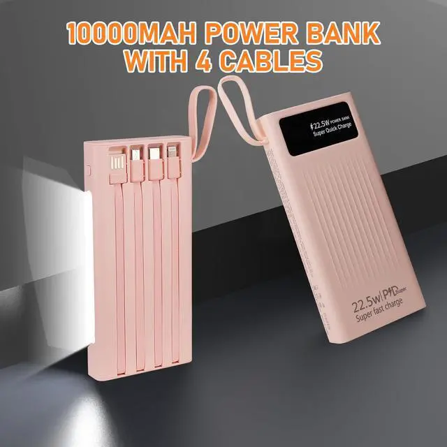 Alt view image 6 of 7 - Portable Charger with Built in Cables,10000mAh Power Bank with LED Lamp Fast Charging 3.0 USB C External Battery Pack Phone Charger with LED Display for iPhone, Samsung and Cell Phones (Pink)