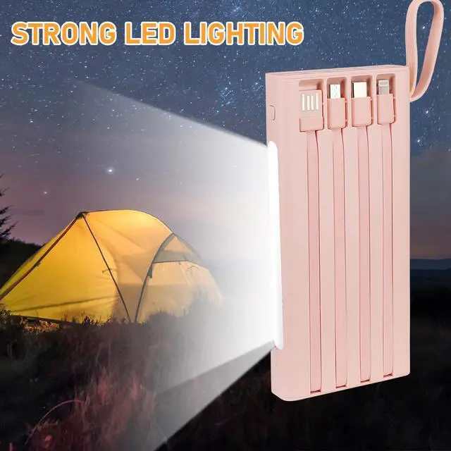 Alt view image 7 of 7 - Portable Charger with Built in Cables,10000mAh Power Bank with LED Lamp Fast Charging 3.0 USB C External Battery Pack Phone Charger with LED Display for iPhone, Samsung and Cell Phones (Pink)