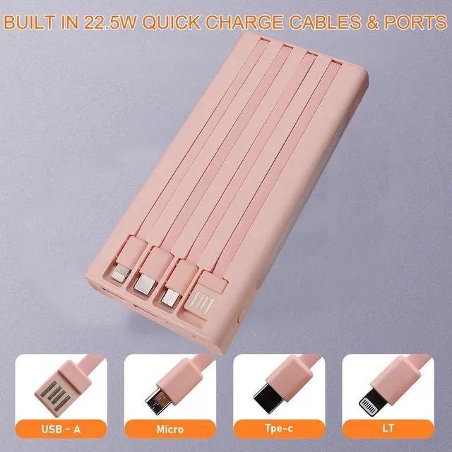 Alt view image 2 of 7 - Portable Charger with Built in Cables,10000mAh Power Bank with LED Lamp Fast Charging 3.0 USB C External Battery Pack Phone Charger with LED Display for iPhone, Samsung and Cell Phones (Pink)