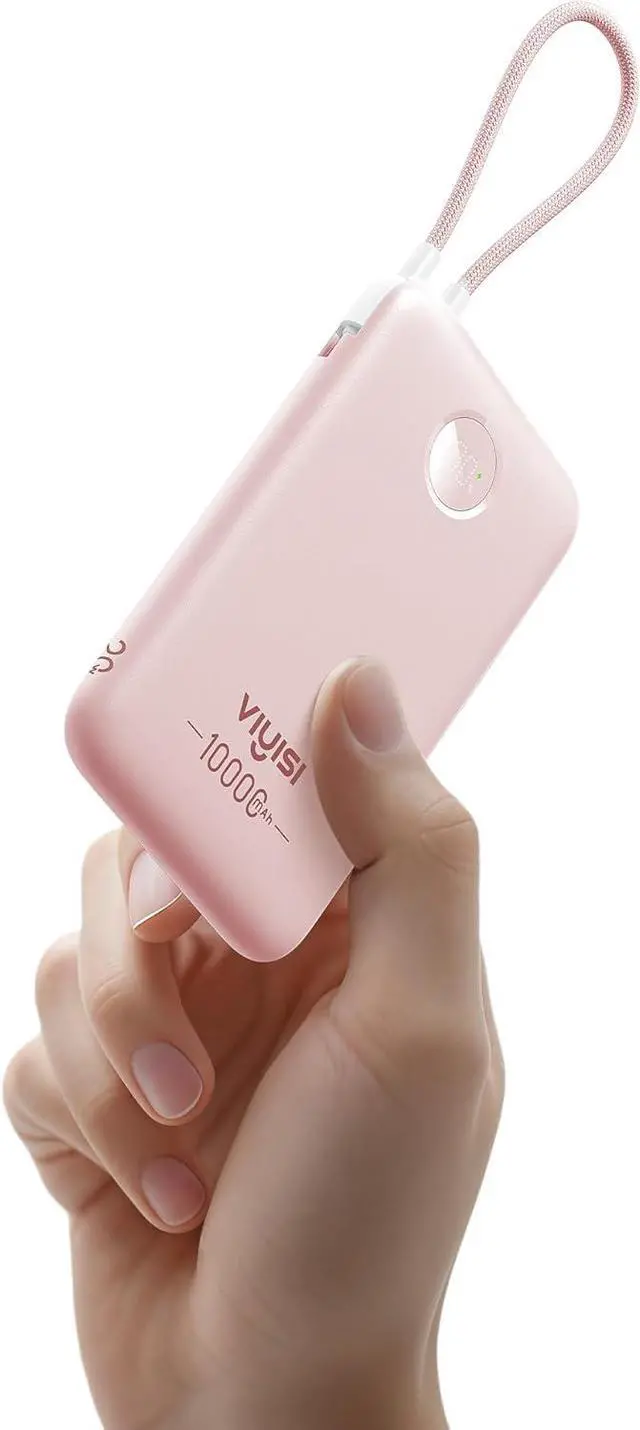 Main image of Slim Portable Charger Power Bank 10000mAh, PD 20W Fast Charging Compact Battery Pack with Built-in USB C Cable, Travel Essential Compatible with iPhone 17 16 15, Samsung, Android - Pink