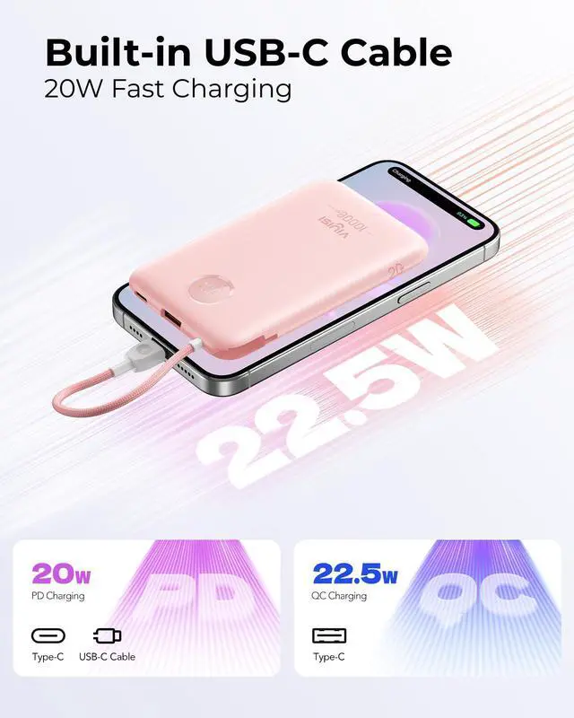 Alt view image 3 of 7 - Slim Portable Charger Power Bank 10000mAh, PD 20W Fast Charging Compact Battery Pack with Built-in USB C Cable, Travel Essential Compatible with iPhone 17 16 15, Samsung, Android - Pink