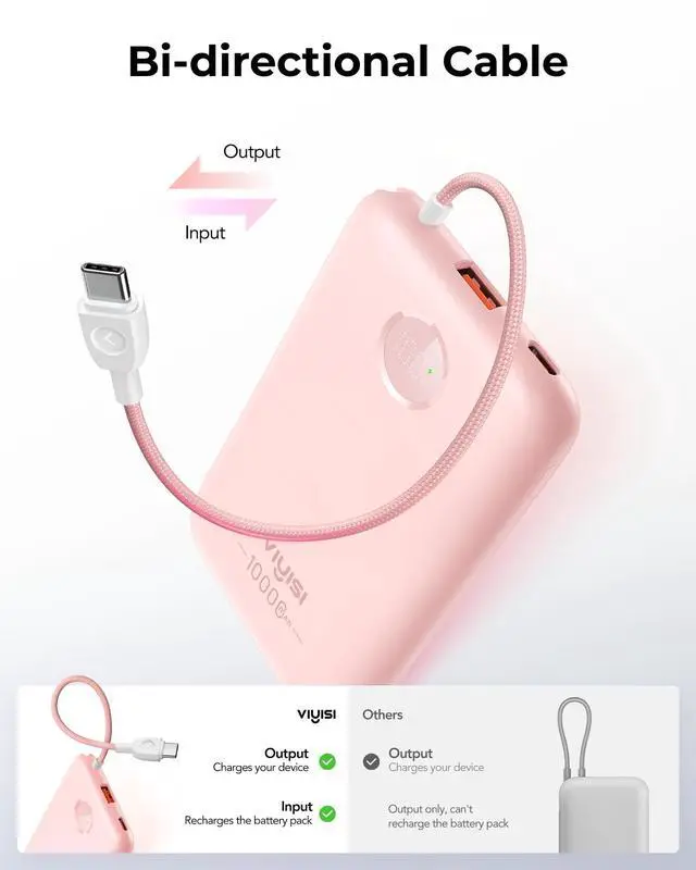 Alt view image 4 of 7 - Slim Portable Charger Power Bank 10000mAh, PD 20W Fast Charging Compact Battery Pack with Built-in USB C Cable, Travel Essential Compatible with iPhone 17 16 15, Samsung, Android - Pink