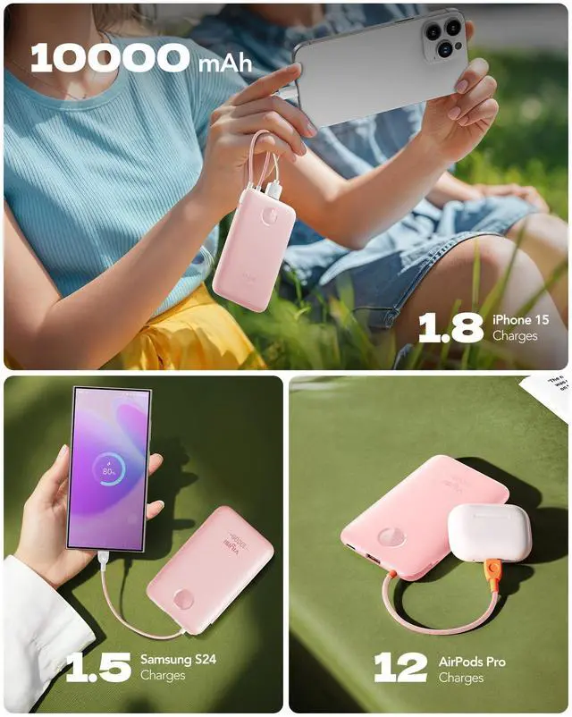 Alt view image 7 of 7 - Slim Portable Charger Power Bank 10000mAh, PD 20W Fast Charging Compact Battery Pack with Built-in USB C Cable, Travel Essential Compatible with iPhone 17 16 15, Samsung, Android - Pink