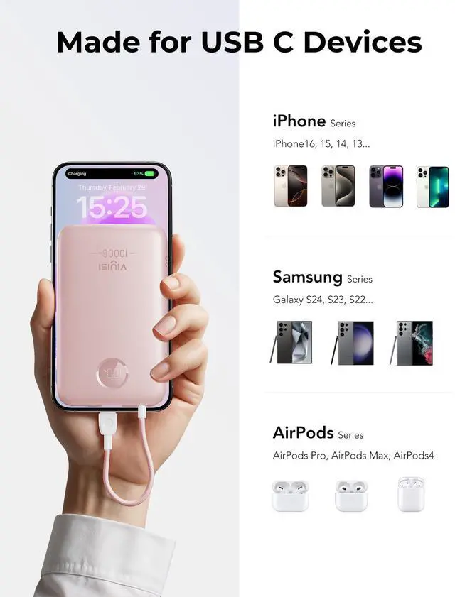 Alt view image 6 of 7 - Slim Portable Charger Power Bank 10000mAh, PD 20W Fast Charging Compact Battery Pack with Built-in USB C Cable, Travel Essential Compatible with iPhone 17 16 15, Samsung, Android - Pink