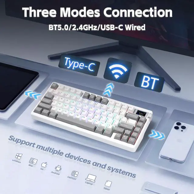 Alt view image 3 of 7 - X Aula Nova75 Mechanical Gaming Keyboard,75% Compact Wireless Keyboard with Screen & Knob,Gamer for Pre-lubed Switches 8000mAh Computer Keyboards,RGB Backlit,Custom Hot Swappable,BT/2.4GHz/USB-C